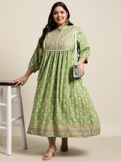 Pista Green Rayon Fusion Wear Printed A-line Dress