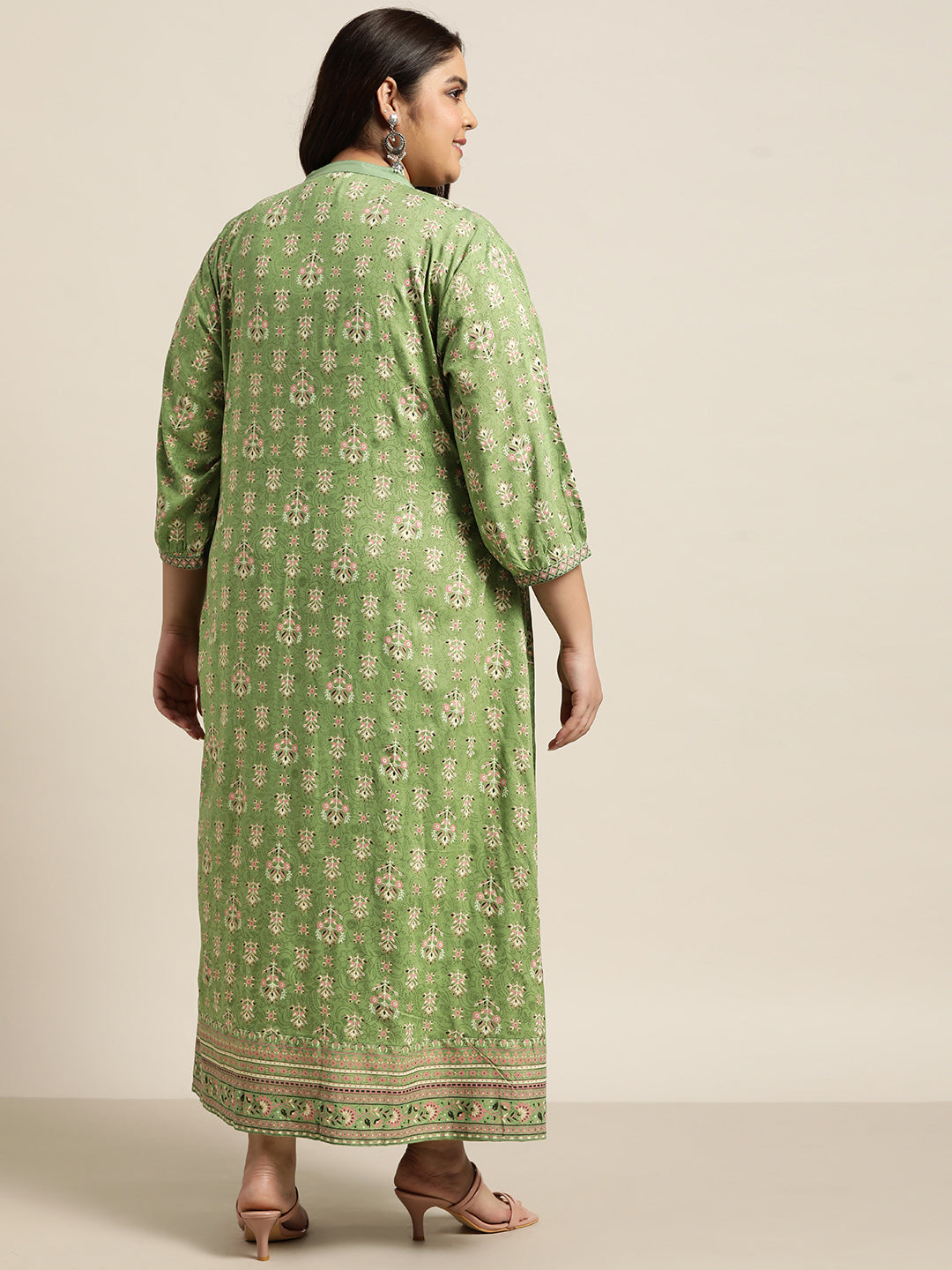 Pista Green Rayon Fusion Wear Printed A-line Dress