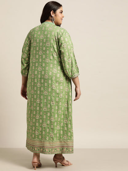 Pista Green Rayon Fusion Wear Printed A-line Dress