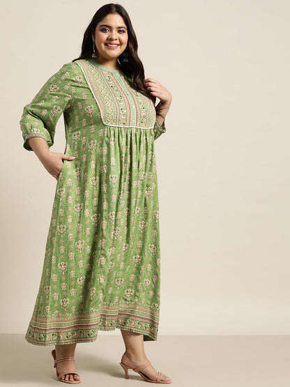 Pista Green Rayon Fusion Wear Printed A-line Dress