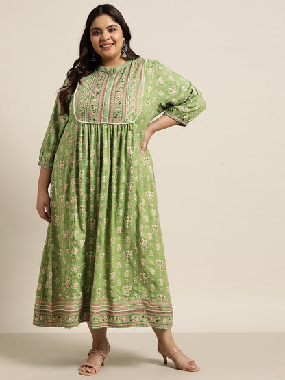Pista Green Rayon Fusion Wear Printed A-line Dress