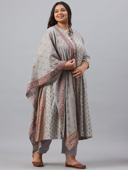 Grey Rayon Daily Wear Printed A-line Kurta Sets