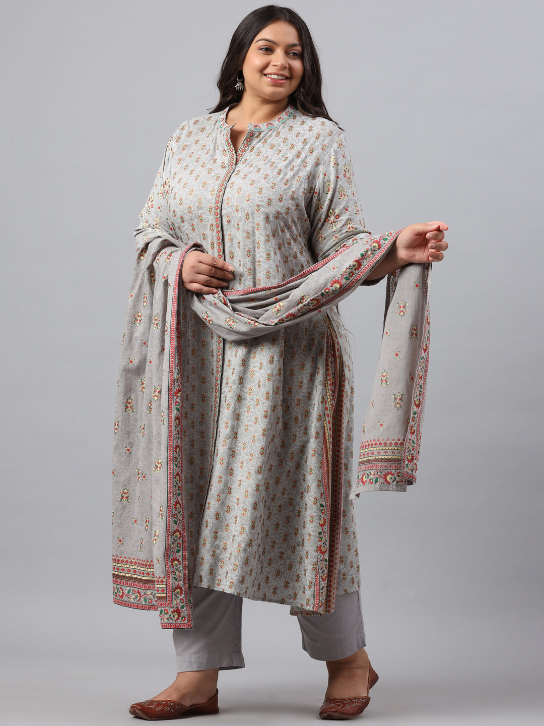 Grey Rayon Daily Wear Printed A-line Kurta Sets