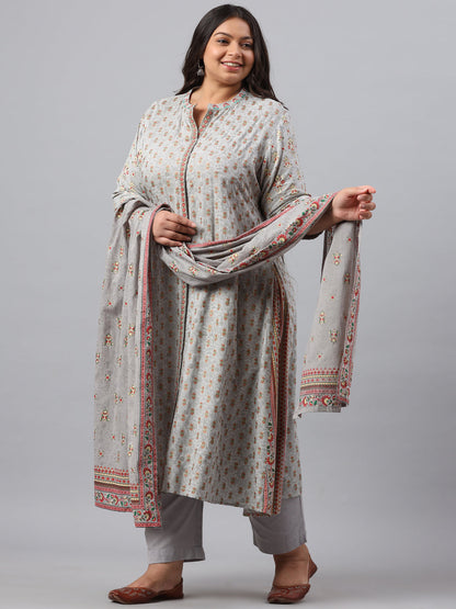 Grey Rayon Daily Wear Printed A-line Kurta Sets