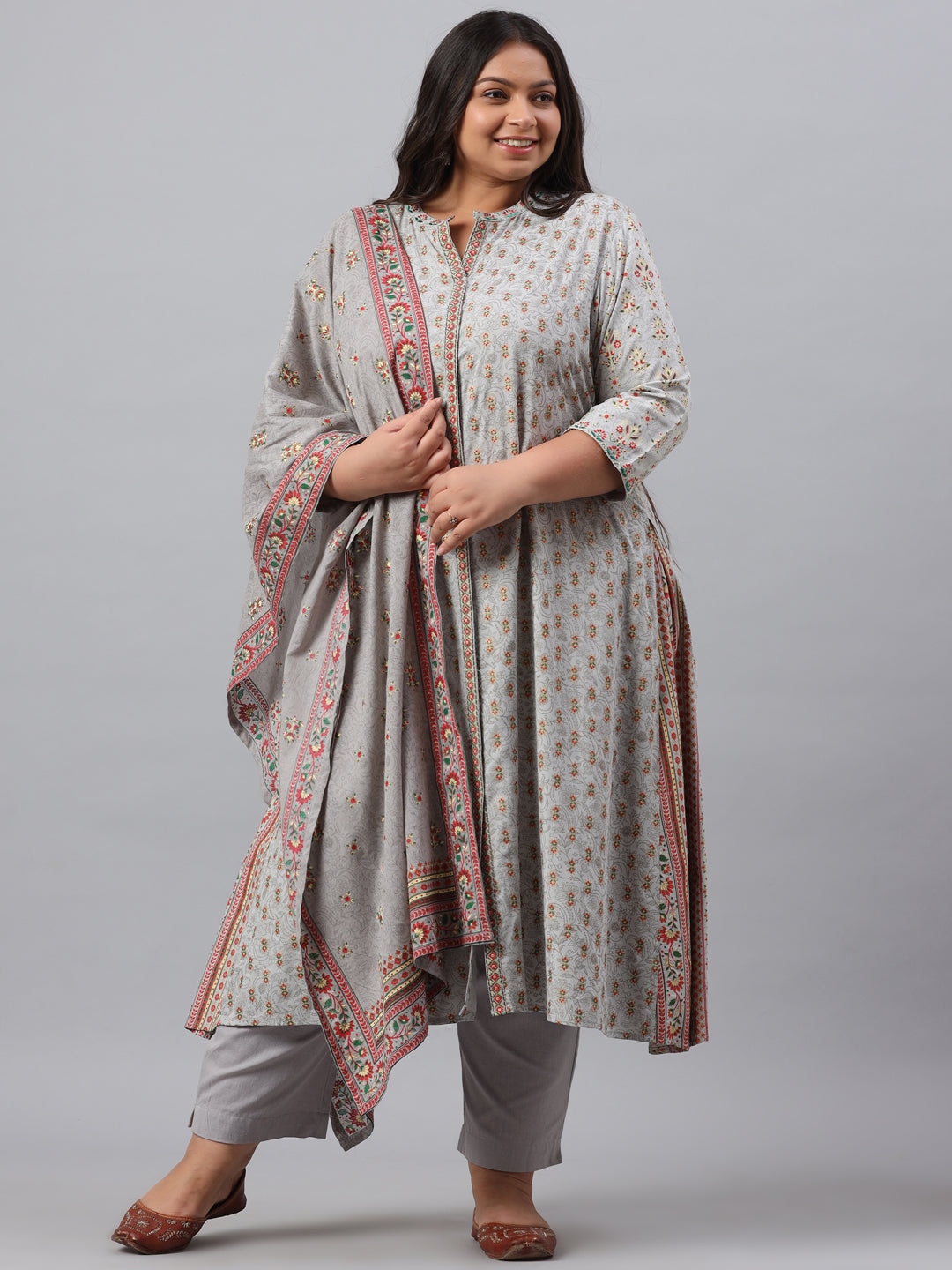 Grey Rayon Daily Wear Printed A-line Kurta Sets