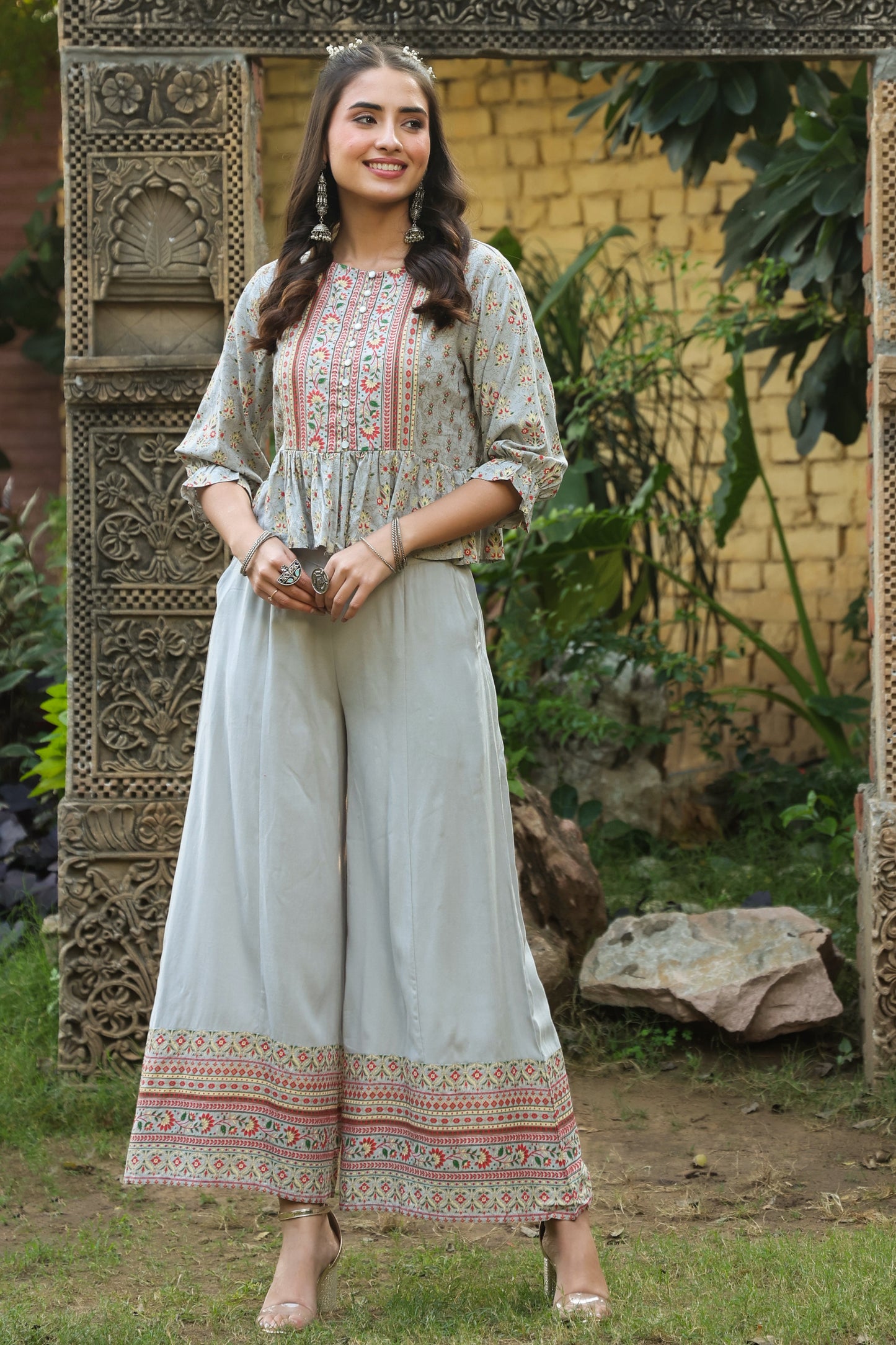 Grey Rayon Printed Peplum Clothing Set