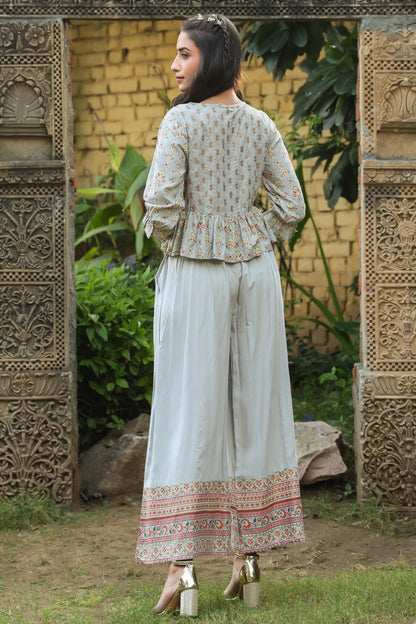 Grey Rayon Printed Peplum Clothing Set