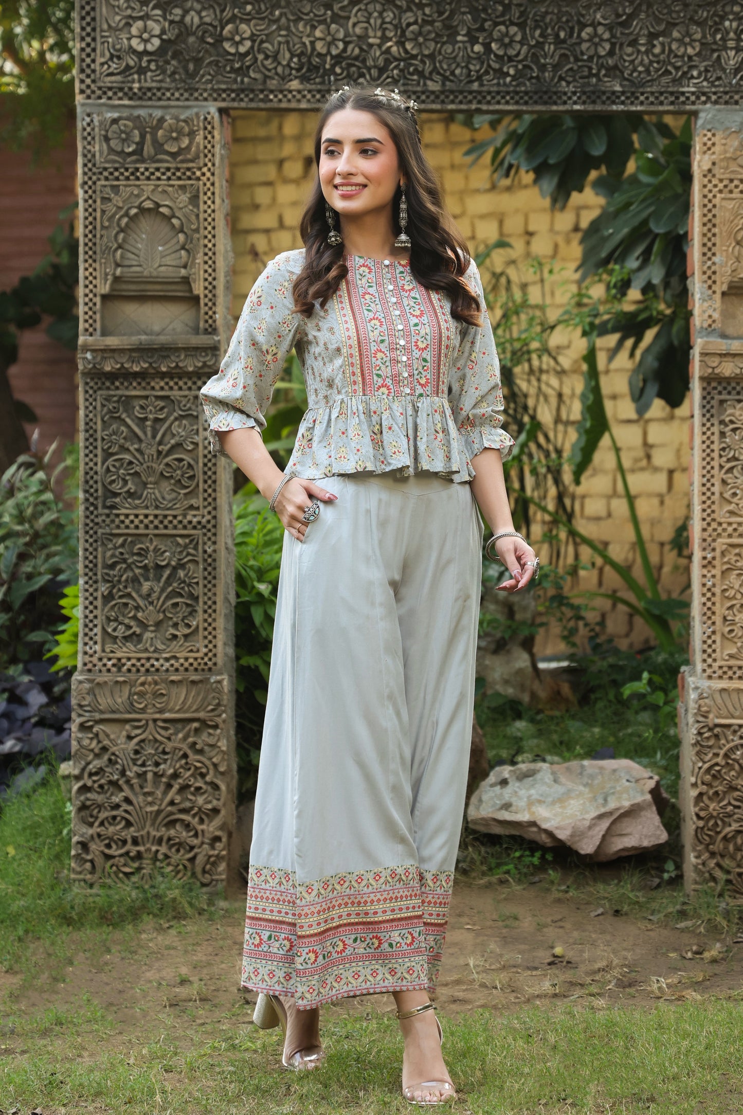 Grey Rayon Printed Peplum Clothing Set