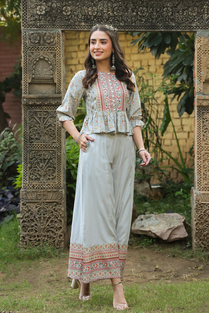 Grey Rayon Printed Peplum Clothing Set