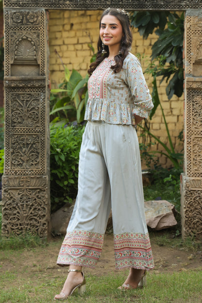 Grey Rayon Printed Peplum Clothing Set