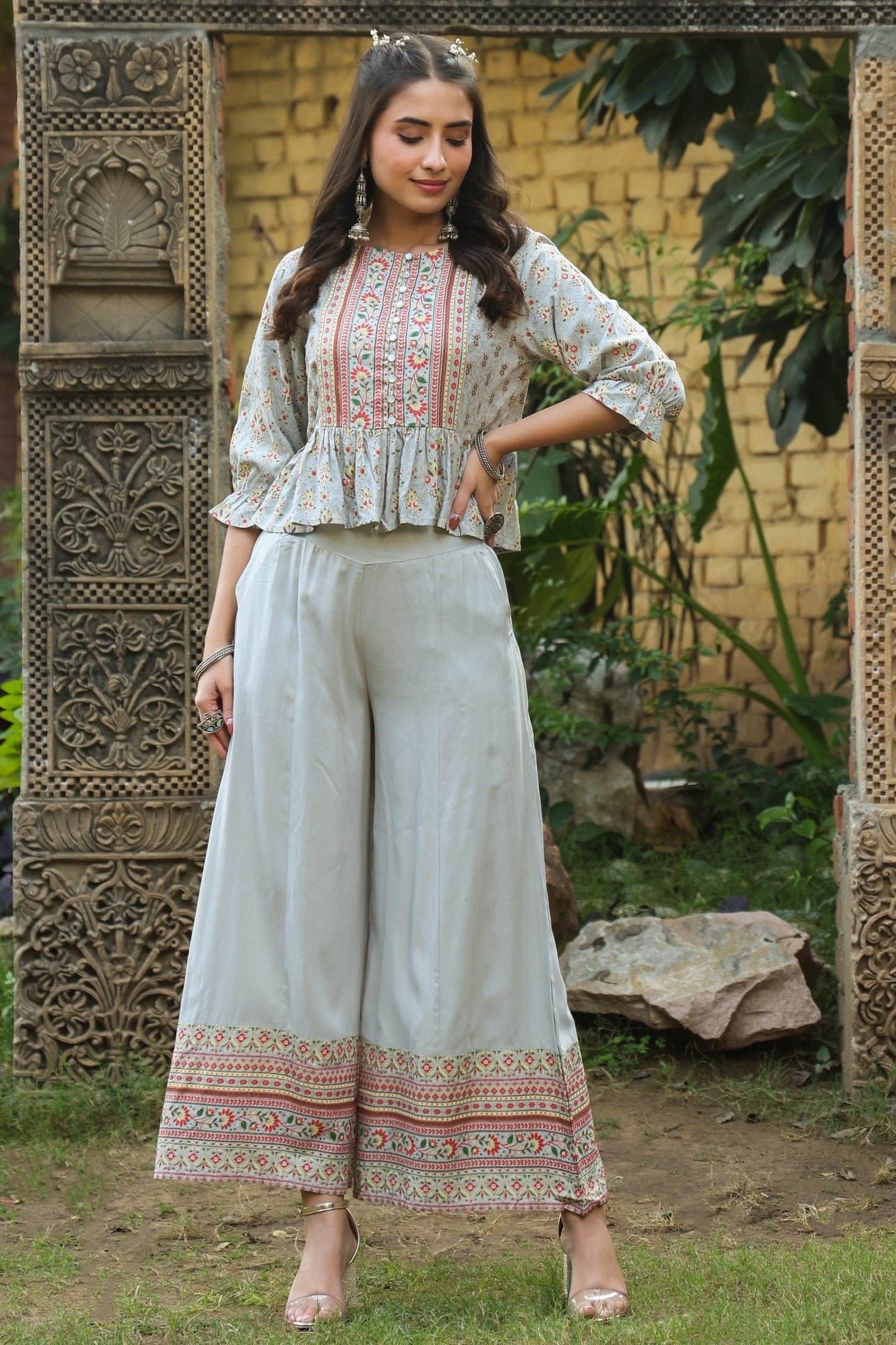 Grey Rayon Printed Peplum Clothing Set