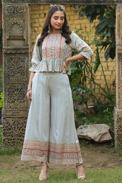 Grey Rayon Printed Peplum Clothing Set