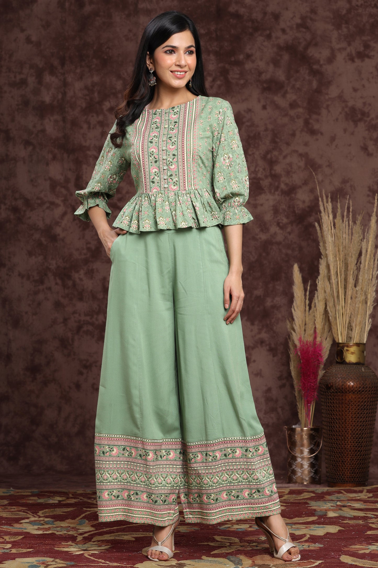 Pistagreen Rayon Printed Peplum Clothing Set