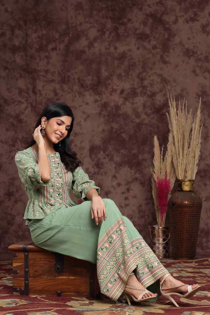 Pistagreen Rayon Printed Peplum Clothing Set