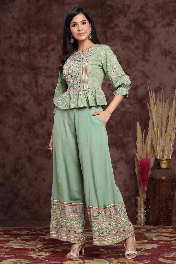 Pistagreen Rayon Printed Peplum Clothing Set