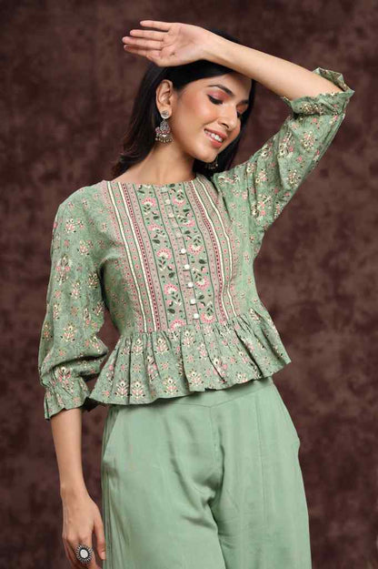 Pistagreen Rayon Printed Peplum Clothing Set