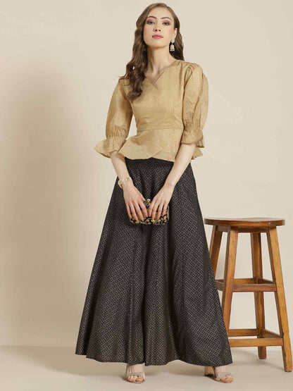 Gold Chanderi Silk Printed Peplum Blouse