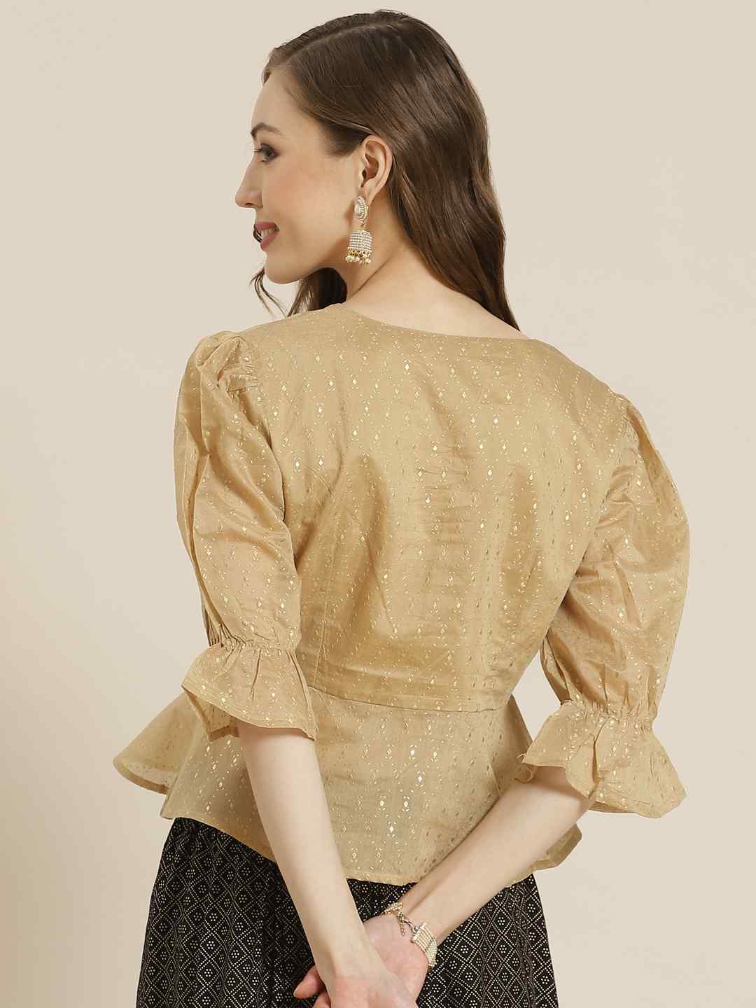 Gold Chanderi Silk Printed Peplum Blouse
