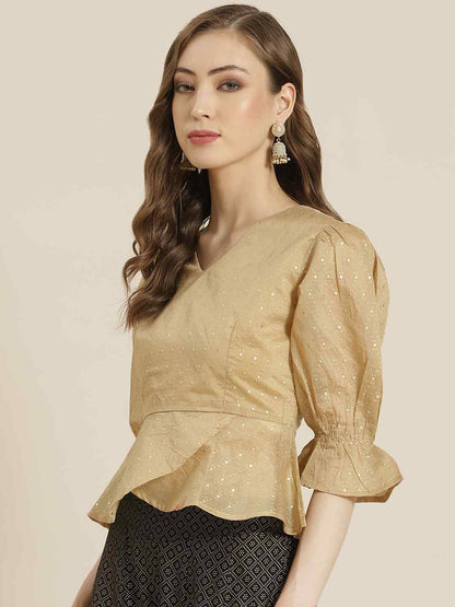 Gold Chanderi Silk Printed Peplum Blouse