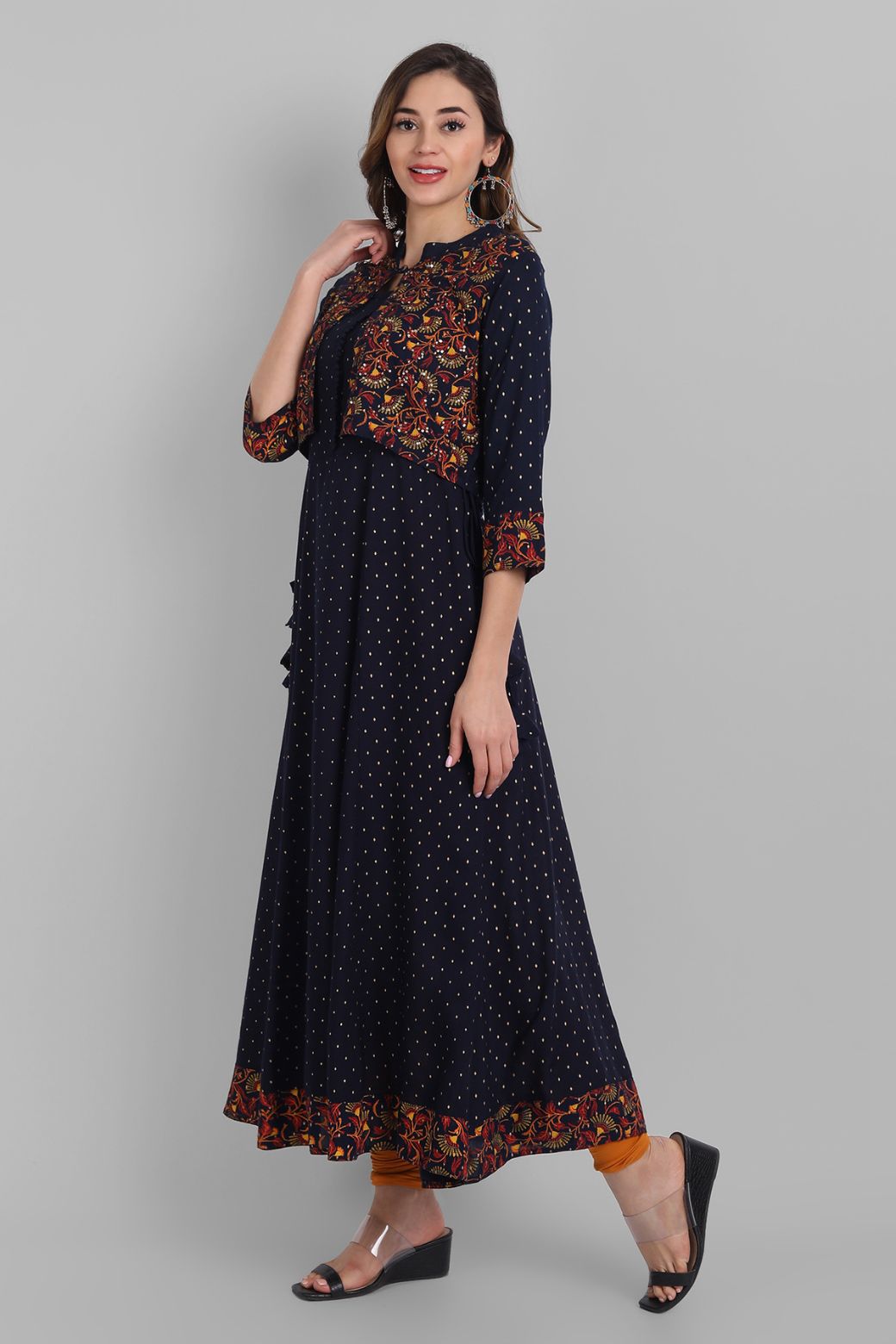 Navy Rayon Printed Flared Dress