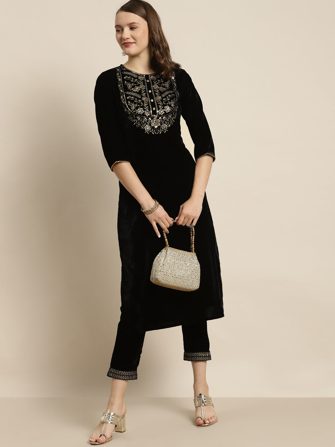Black Velvet Embroidered Straight Kurta Sets