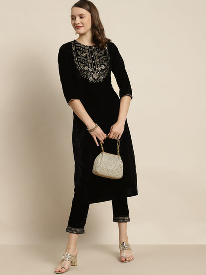 Black Velvet Embroidered Straight Kurta Sets