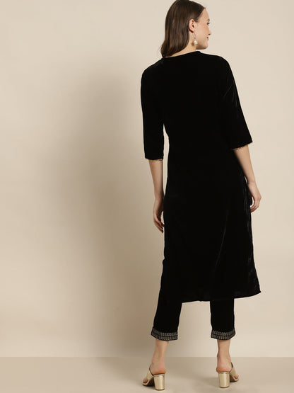 Black Velvet Embroidered Straight Kurta Sets
