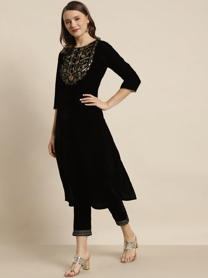 Black Velvet Embroidered Straight Kurta Sets