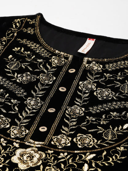 Black Velvet Embroidered Straight Kurta Sets