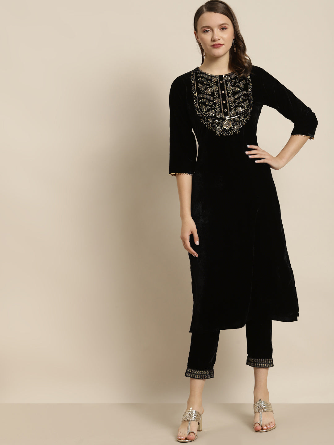 Black Velvet Embroidered Straight Kurta Sets