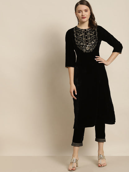 Black Velvet Embroidered Straight Kurta Sets