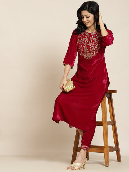 Fuchsia Velvet Embroidered Straight Kurta Sets