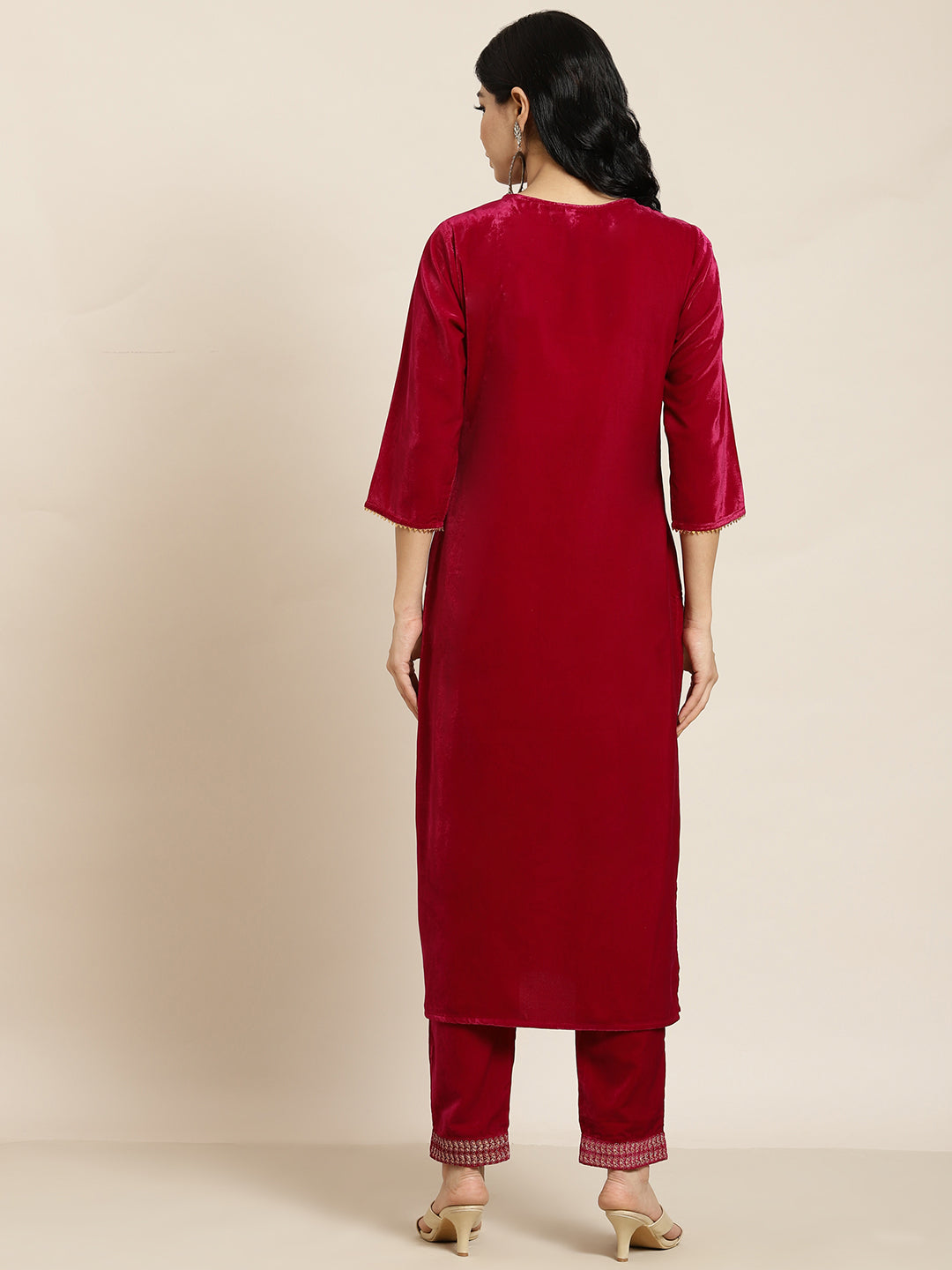 Fuchsia Velvet Embroidered Straight Kurta Sets