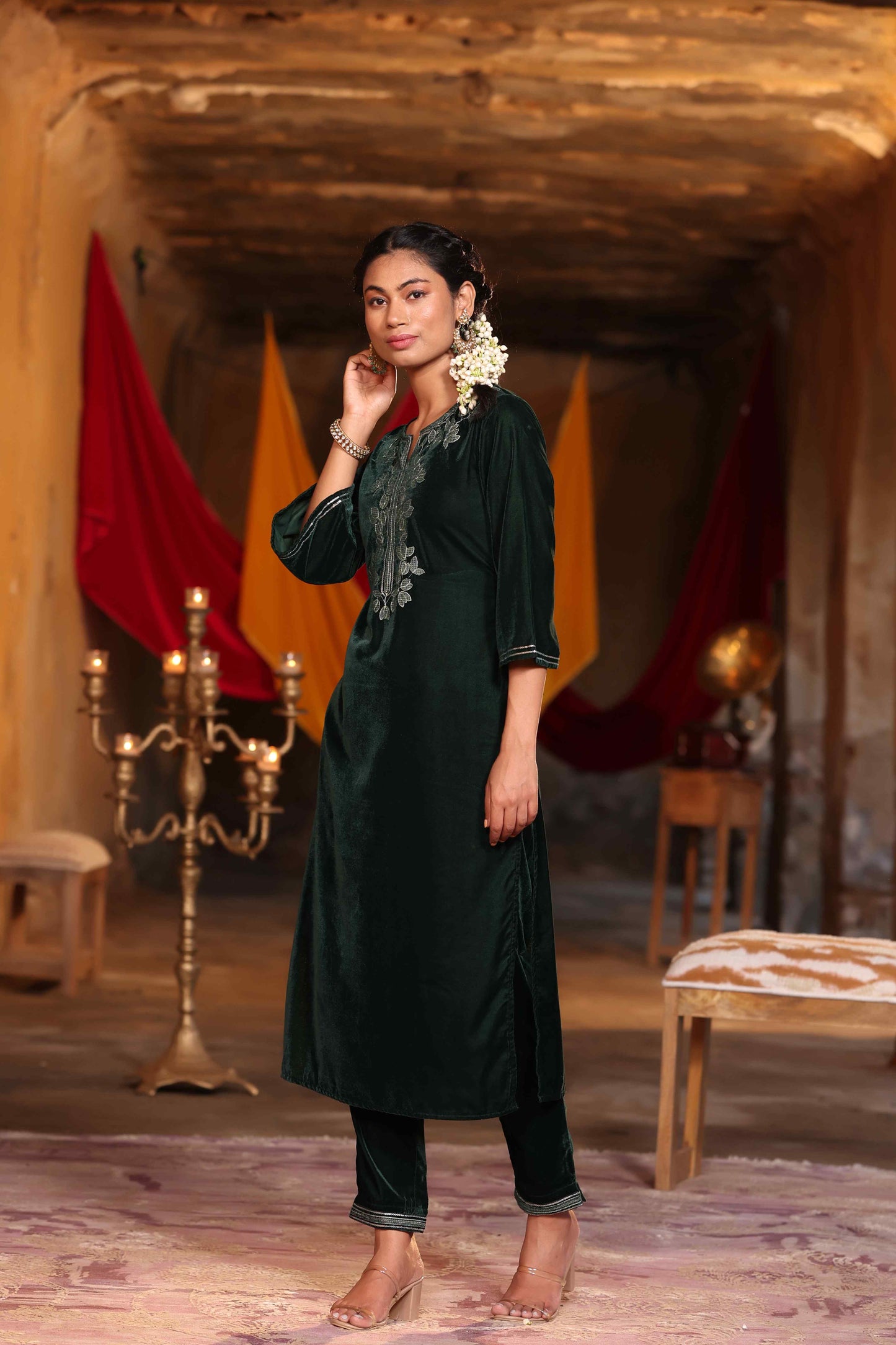 Jadegreen Velvet Embroidered Straight Kurta Sets