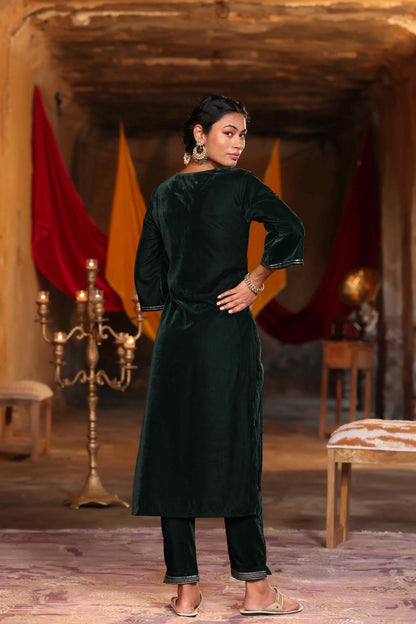 Jadegreen Velvet Embroidered Straight Kurta Sets