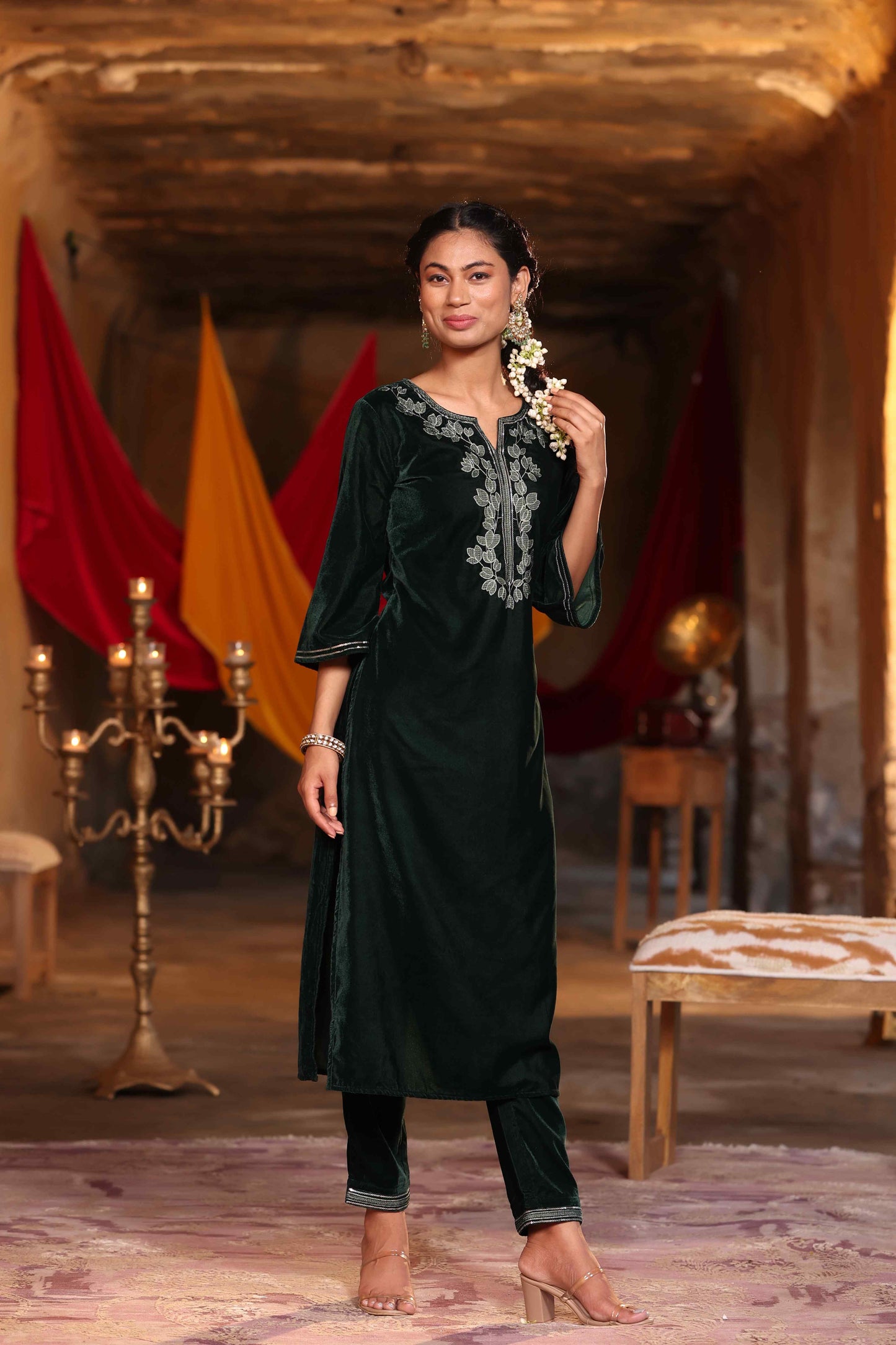 Jadegreen Velvet Embroidered Straight Kurta Sets