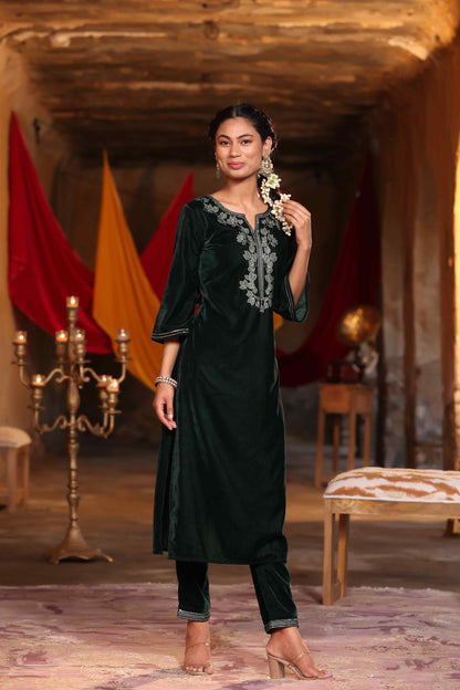 Jadegreen Velvet Embroidered Straight Kurta Sets