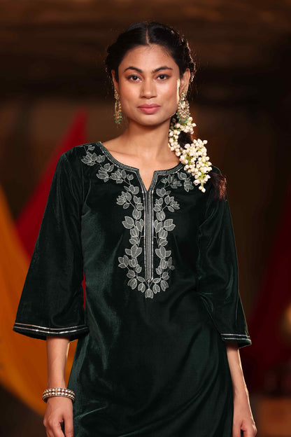 Jadegreen Velvet Embroidered Straight Kurta Sets