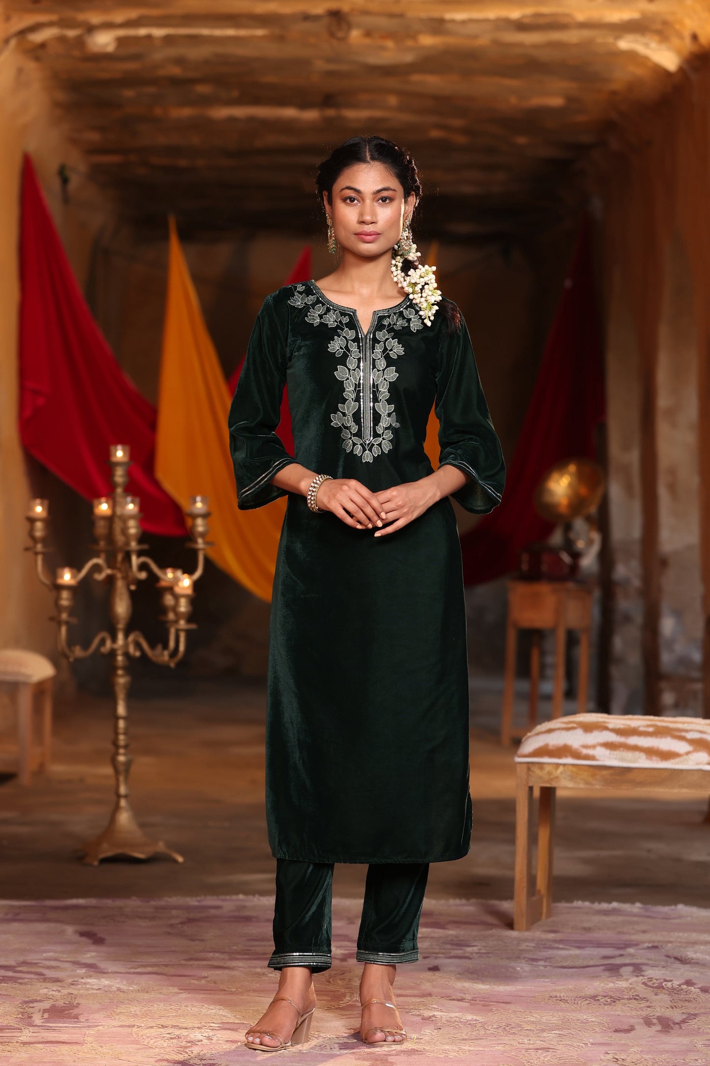 Jadegreen Velvet Embroidered Straight Kurta Sets
