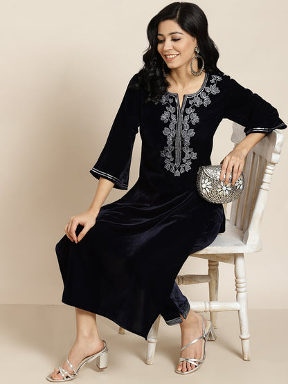 Navy Velvet Embroidered Straight Kurta Sets