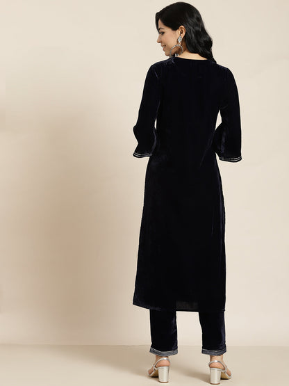 Navy Velvet Embroidered Straight Kurta Sets