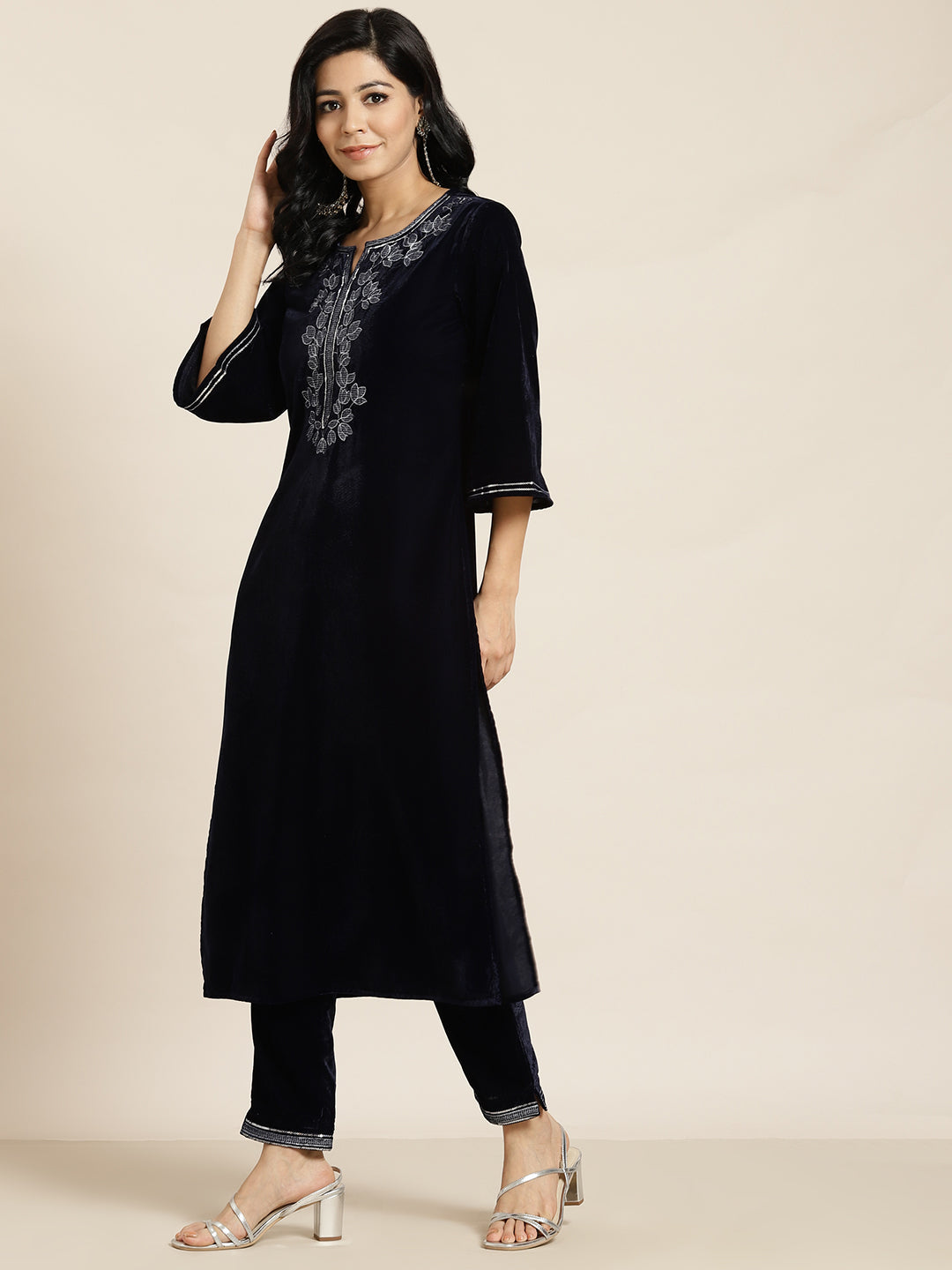 Navy Velvet Embroidered Straight Kurta Sets