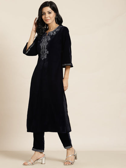 Navy Velvet Embroidered Straight Kurta Sets