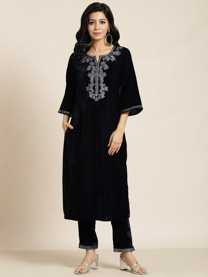 Navy Velvet Embroidered Straight Kurta Sets