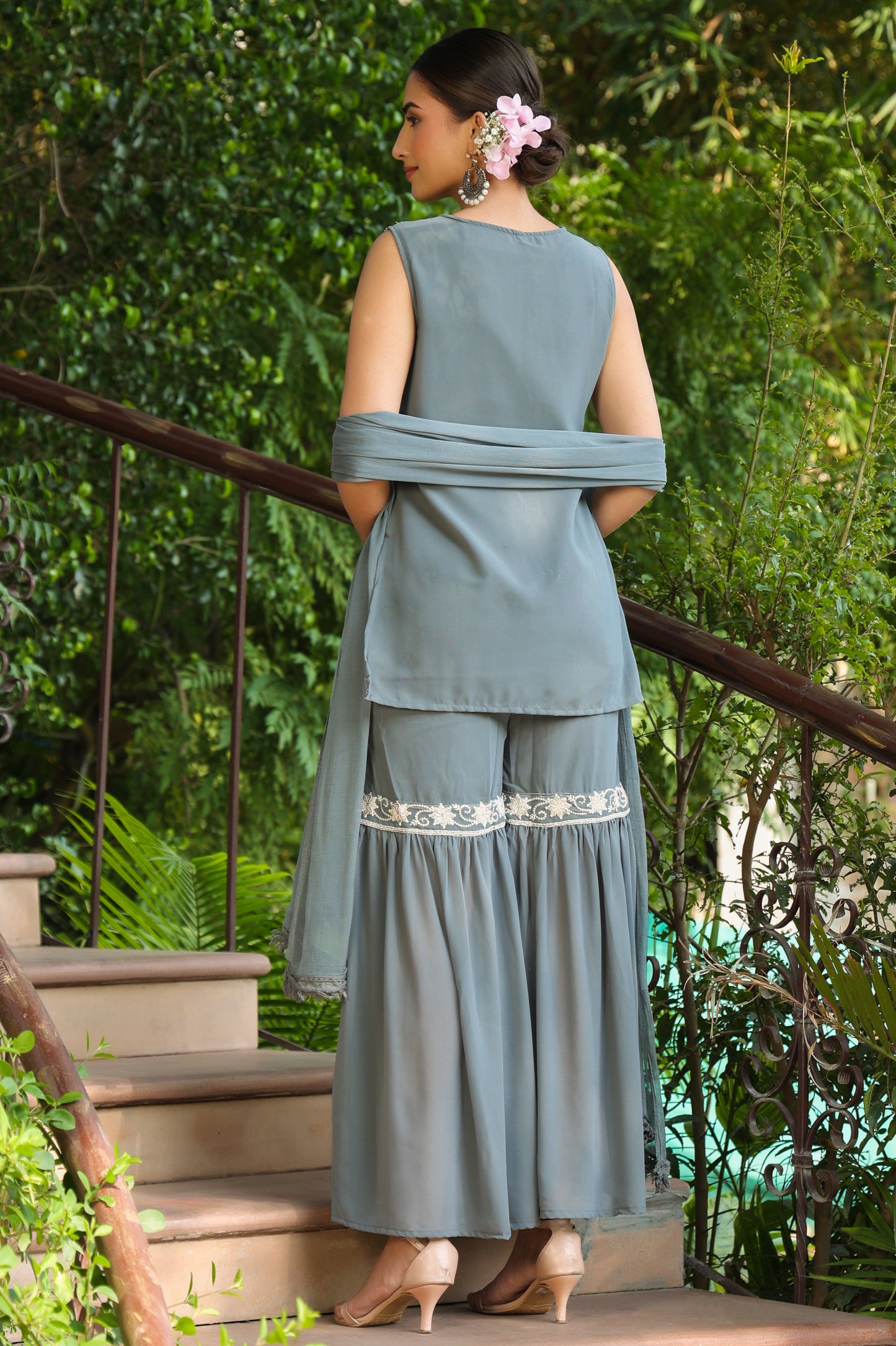 Grey Georgette Embroidered Straight Kurta Sets