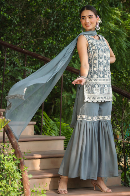Grey Georgette Embroidered Straight Kurta Sets