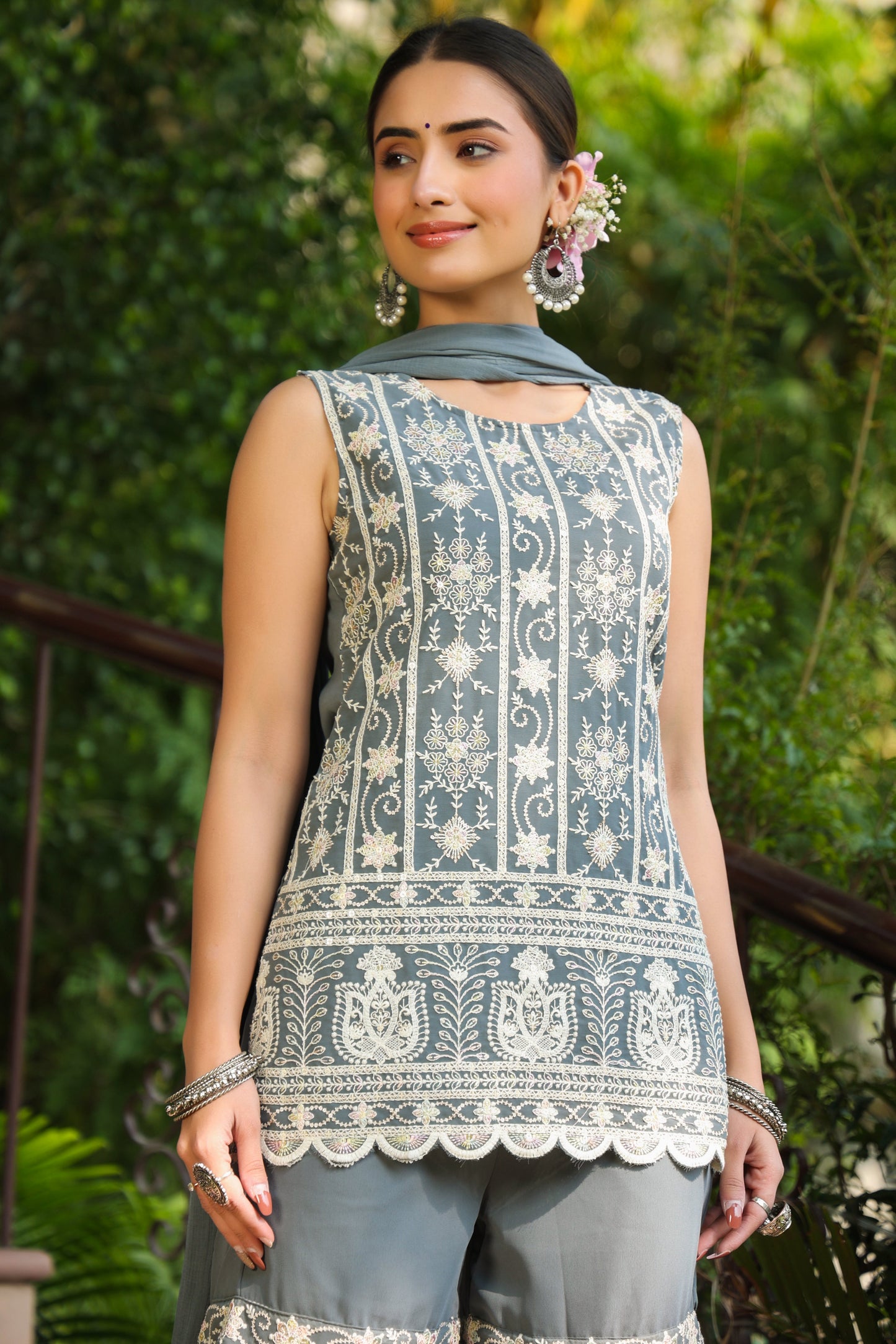 Grey Georgette Embroidered Straight Kurta Sets