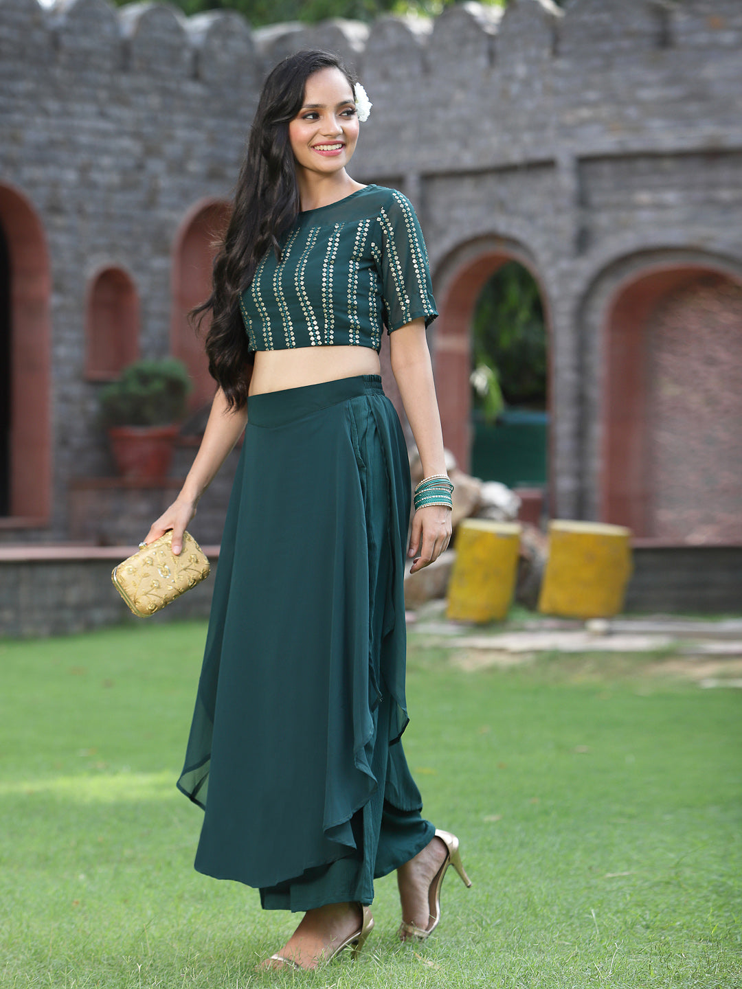 Green Georgette Solid Fitted Clothing Set