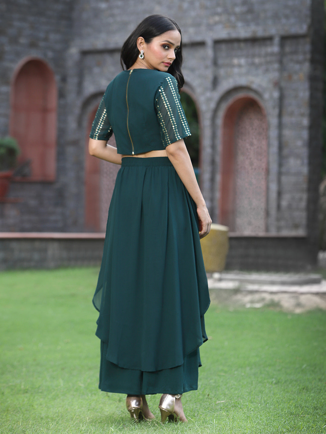 Green Georgette Solid Fitted Clothing Set