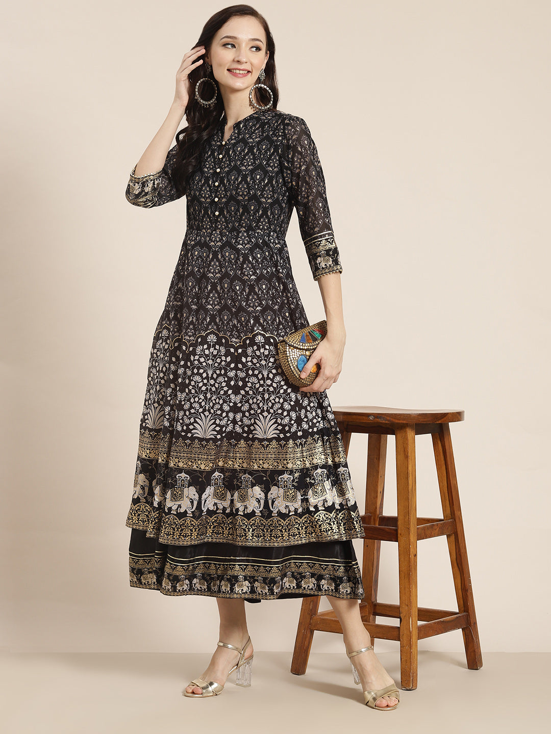 Black Georgette Printed Flared Dress